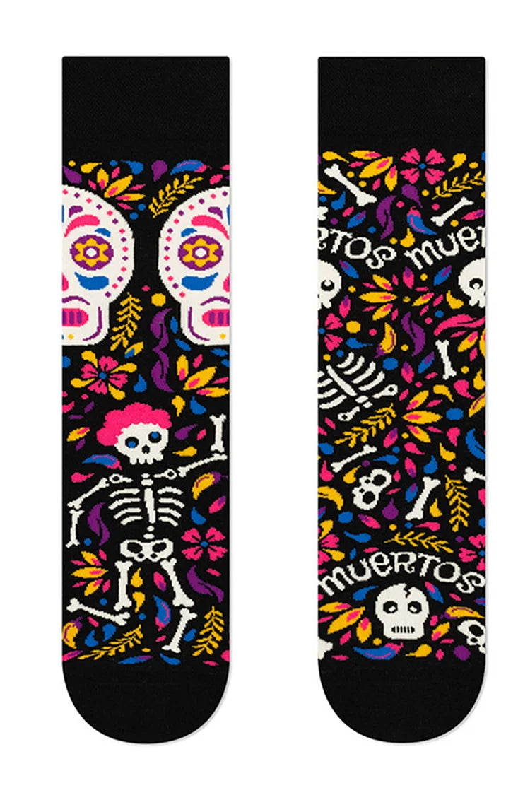 Calcetines de media pantorrilla con diseño de calavera, esqueleto, cactus y guitarra para Halloween 