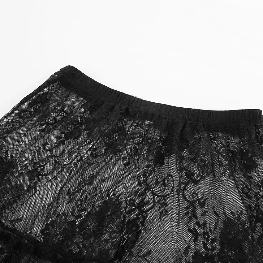 Falda larga de encaje negra única 