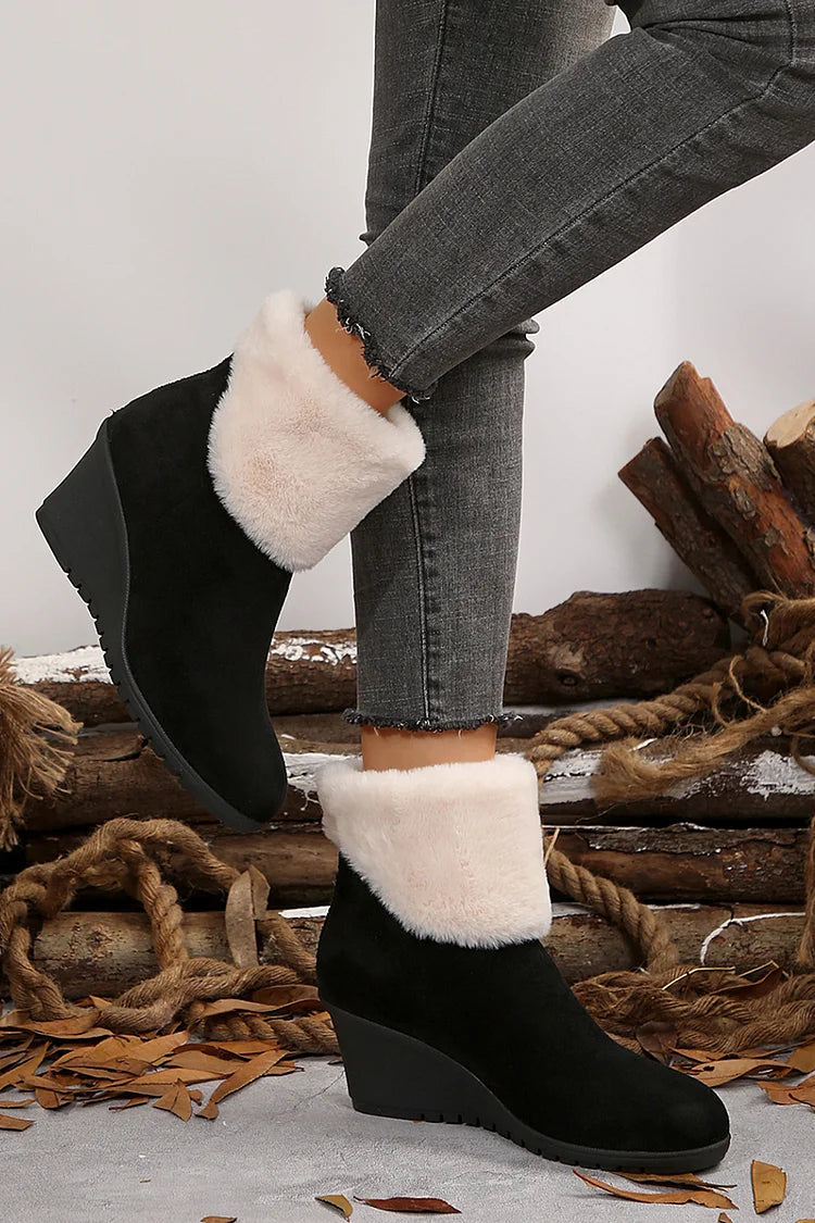 Fluffy Trim Round Toe Zipper Wedge Heel Snow Boots