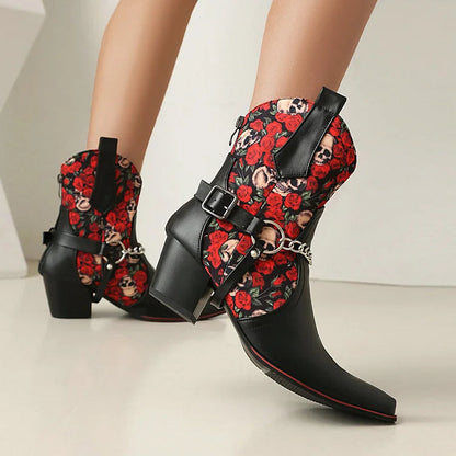 Floral Print Patchwork Chain Decor Pointed Toe Chunky Heel Ankle Boots