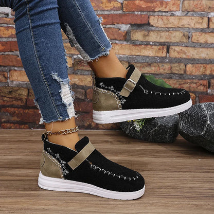 Colorblock Stitch Detail Patchwork Strap Buckle Round Toe Snow Boots