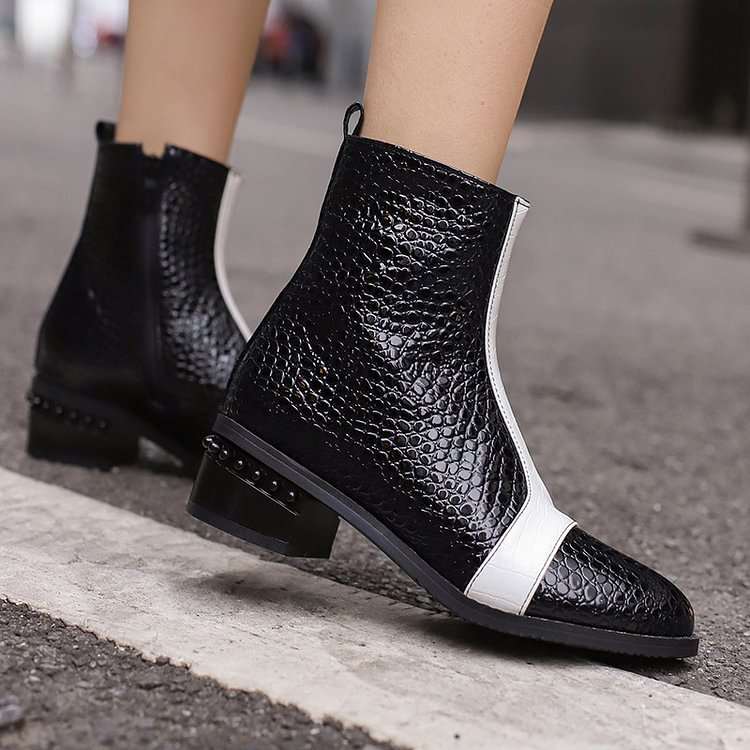 Colorblock Abstract Pattern Patchwork Round Toe Ankle Boots