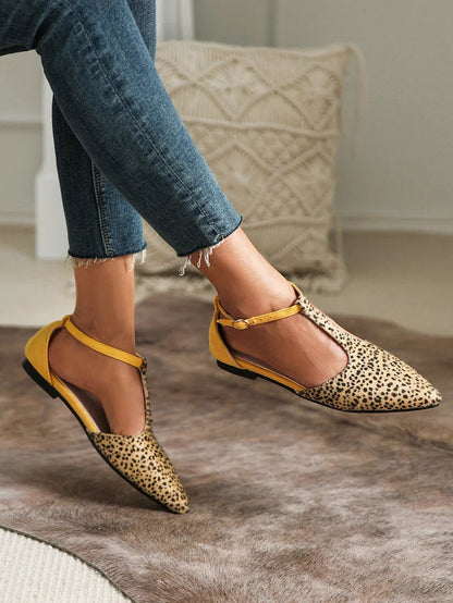 Women's Leopard Print Colorblock Ankle Straps Buckle Pointy Toe Casual Flats