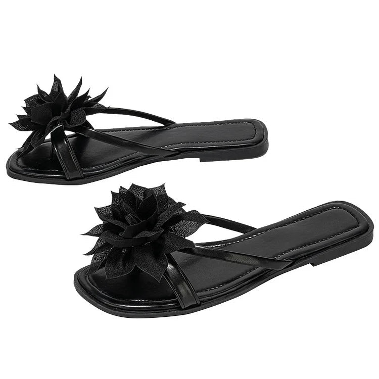 PU Leather Floral Strap Round Toe Casual Flip Flops Slippers