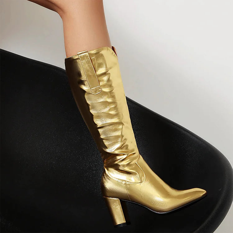 Zipper Metallic Sheen Pointed Toe Chunky Heel Mid Calf Boots