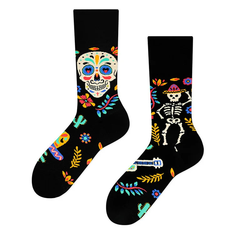 Halloween Muppet Doll Blossom Guitar Skeleton Print Mid Calf Socks