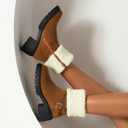 Round Toe Strap Buckle Decor Fluffy Trim Chunky Heel Snow Boots