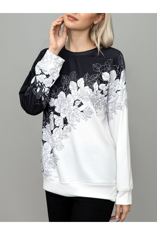 Elegant Floral Print Round Neck Cotton-blend Vacation Sweatshirt