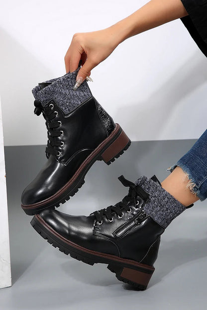 Patchwork Zipper Round Toe Chunky Heel Lace Up Ankle Boots