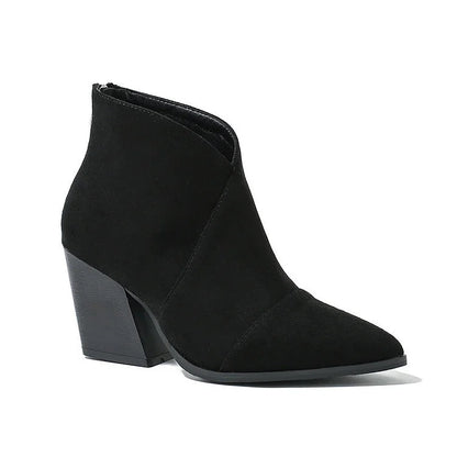 V Cut Pointed Toe Chunky Heels Plain Ankle Boots