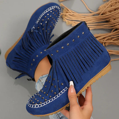 Metal Rivets Round Toe Fringed Trim Zipper Ankle Boots