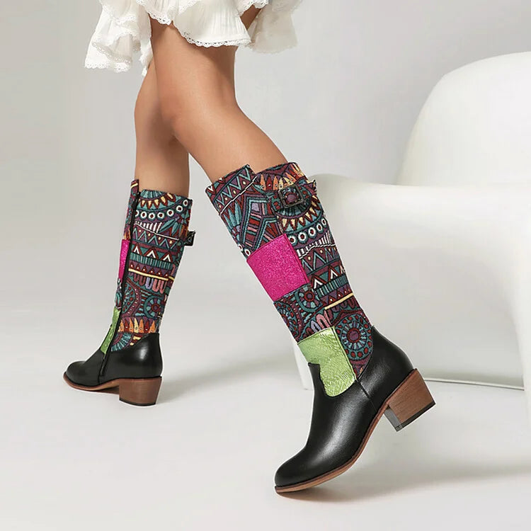 Colorblock Patchwork Tribal Pattern Round Toe Mid Calf Boots