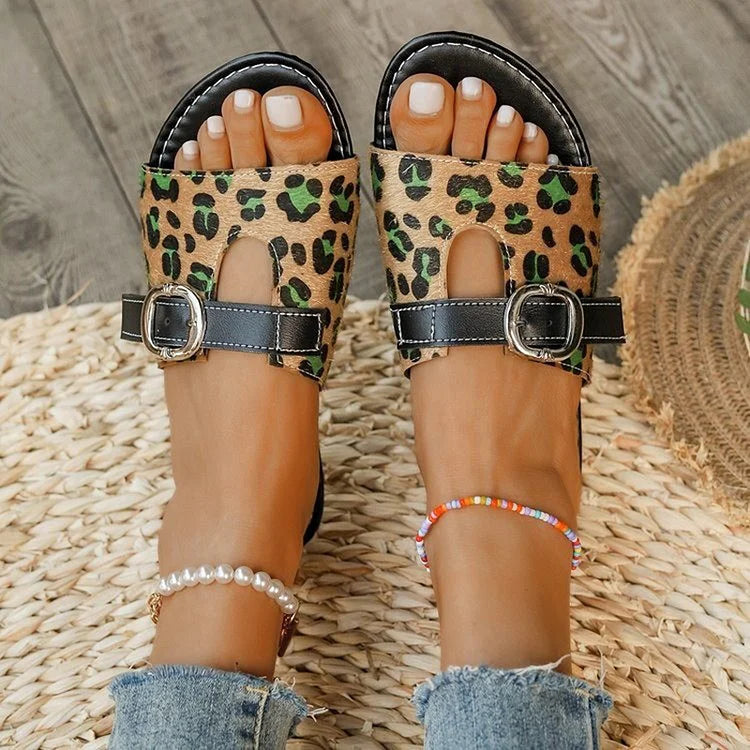 Color Matching Leopard Print Belt Buckle Seam Slippers