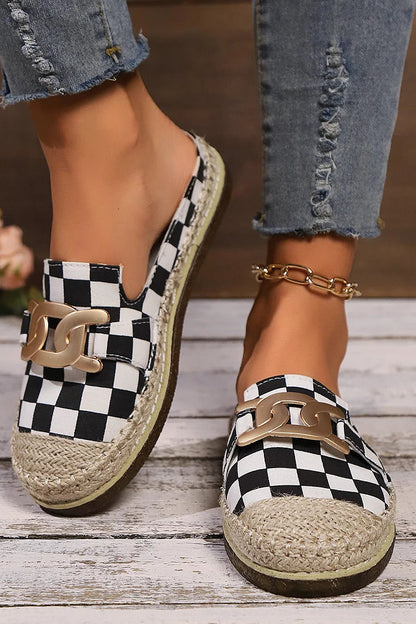 Plaid Metallic Chain Decor Patchwork Round Toe Mules