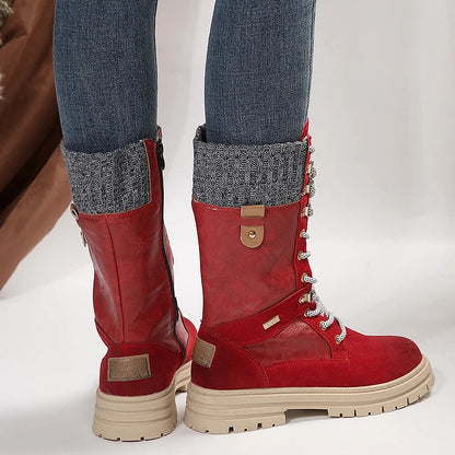 Patchwork Round Toe Low Block Heel Lace Up Mid Calf Boots