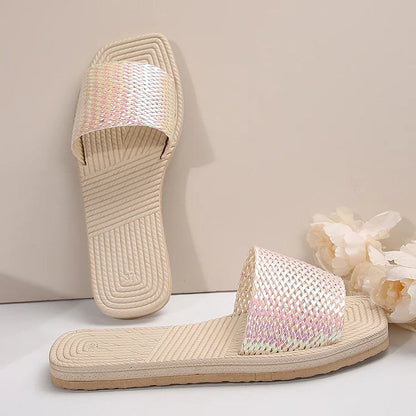 Crochet Hollow Out Instep Belt Square Toe Textured Slippers