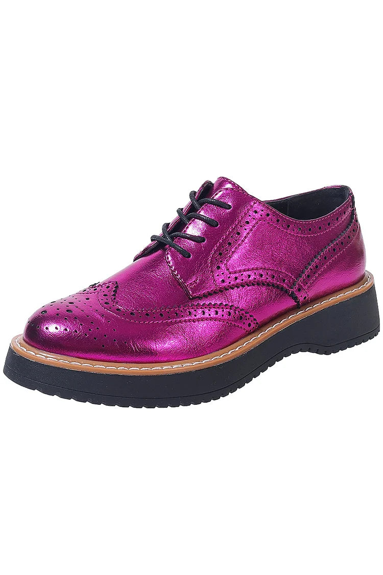 Metallic Sheen Patchwork Round Toe Lace Up Brogue Oxfords