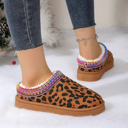 Leopard Print Fleece Lined Multicolor Trim Round Toe Snow Boots