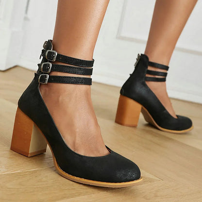 Casual Ankle Straps Buckles Plain Chunky Heels