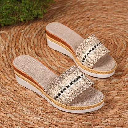 Casual Peep Toe Woven Pattern Plaid Wedge Slippers