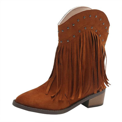 Metal Rivets Decor Fringed Trim Pointed Toe Chunky Heel Mid Boots