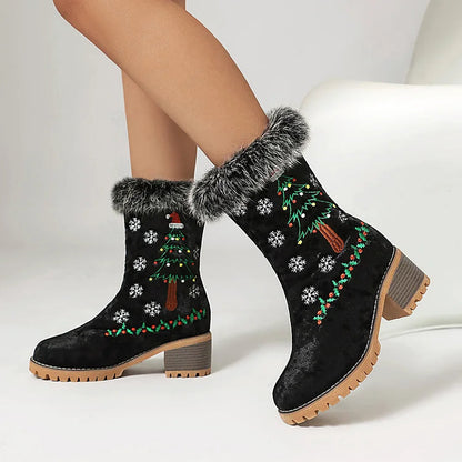 Christmas Tree Embroidery Fluffy Round Toe Chunky Heel Velvet Mid Boots