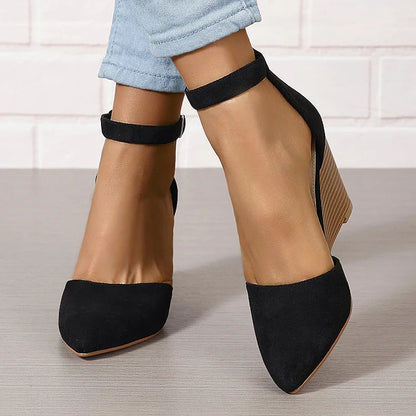 Pointy Toe Ankle Strap Buckle Solid Color Wedge Heels