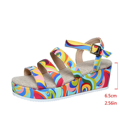 Colourful Swirl Print Strappy Buckle Peep Toe Platform Wedge Sandals