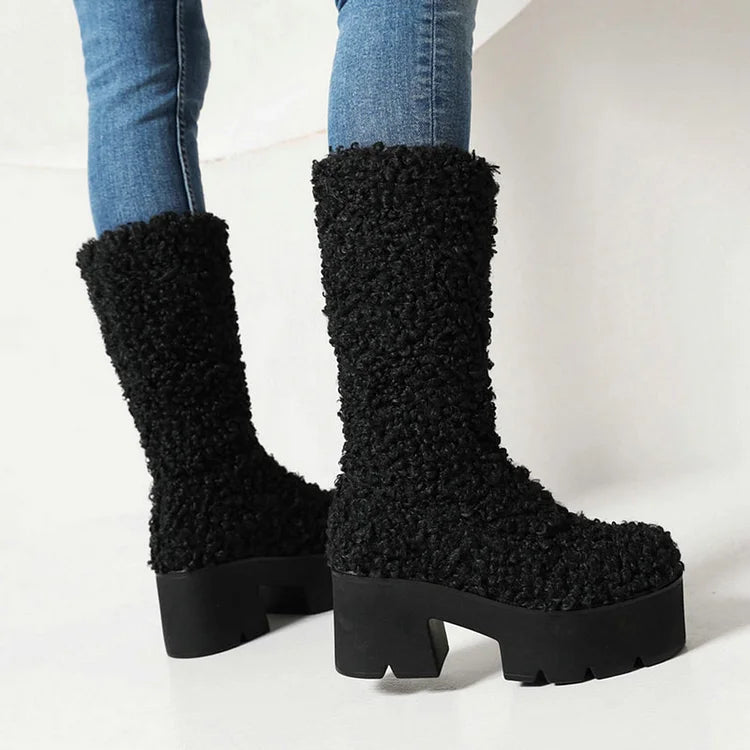 Round Toe Chunky Heel Faux Fur Pull On Platform Mid Calf Boots