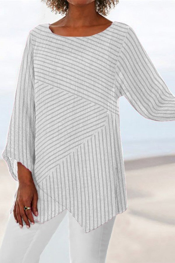 Stripe Print Crew Neck Long Sleeves Blouse