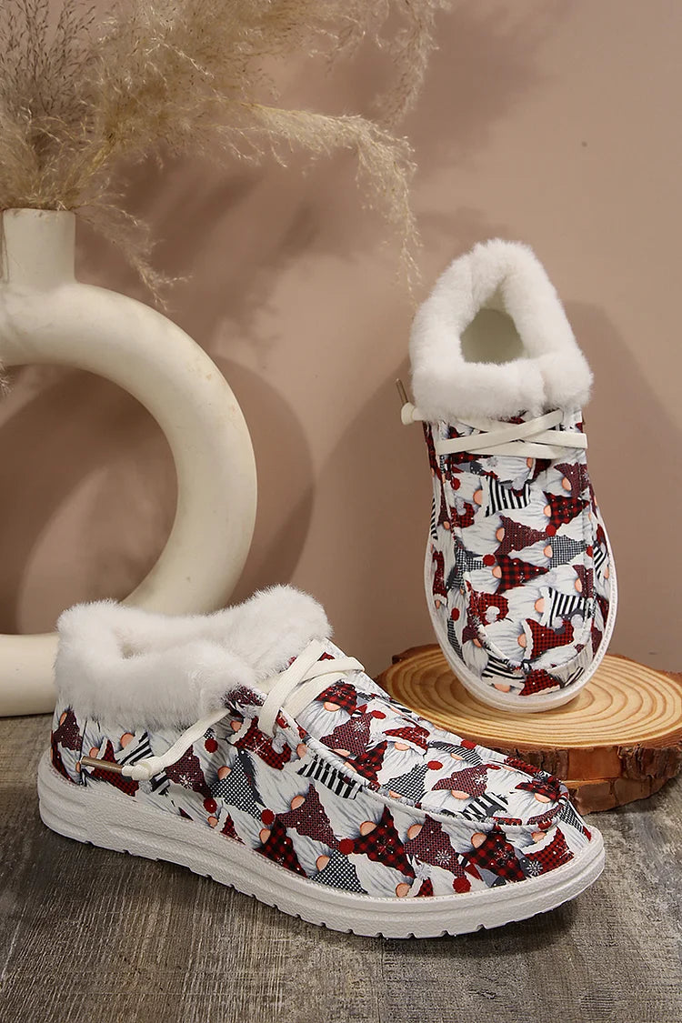 Canvas Christmas Print Fluffy Trim Round Toe Lace Up Snow Boots