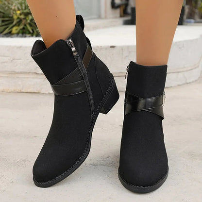 Patchwork Crossover Strap Buckle Pointed Toe Chunky Heel Mid Boots