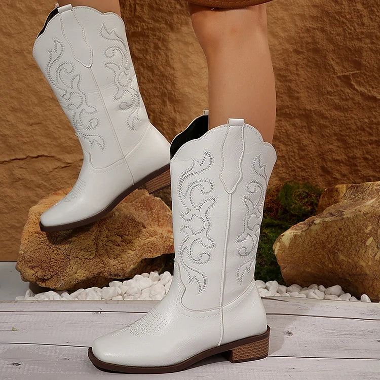 Tribal Pattern Embroidery Square Toe Patchwork Mid Calf Boots