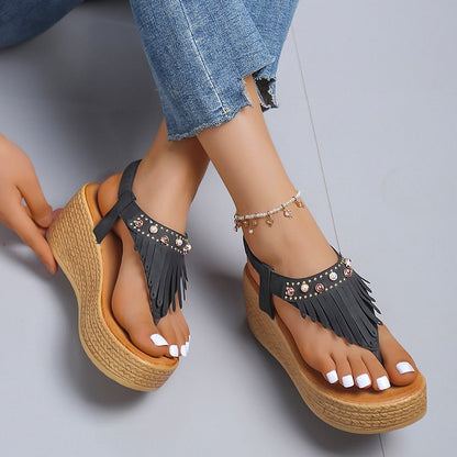 Fringe Trim Rhinestone Pearl Decor Flip Flops Platform Wedge Sandals