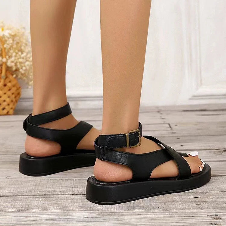 Cross Belt Ankle Strap Buckle Square Toe Platform Toe Ring Sandals