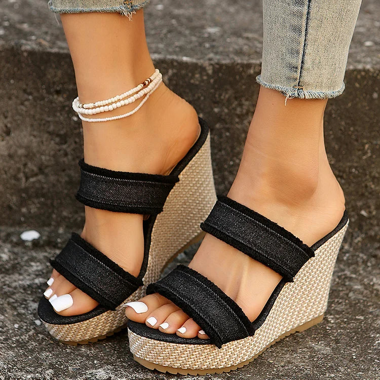 Tassels Trim Peep Toe Denim Platform Wedge Slippers