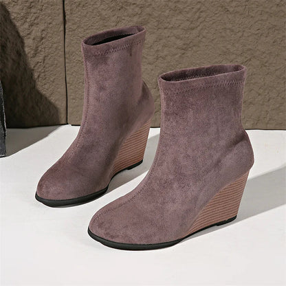 Solid Color Round Toe Wedge Heel Pull On Ankle Boots