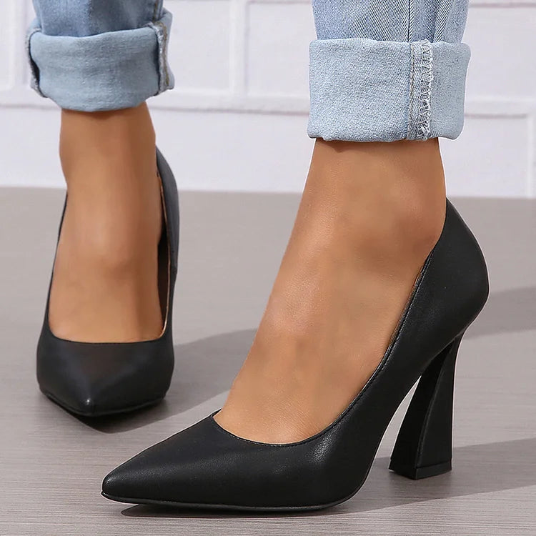 Casual Solid Color Pointy Toe Slip On Chunky Heels