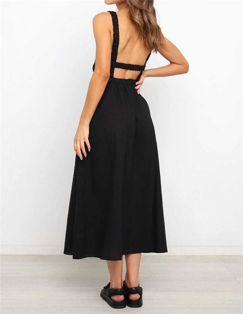 Solid Color Linen Backless Dress