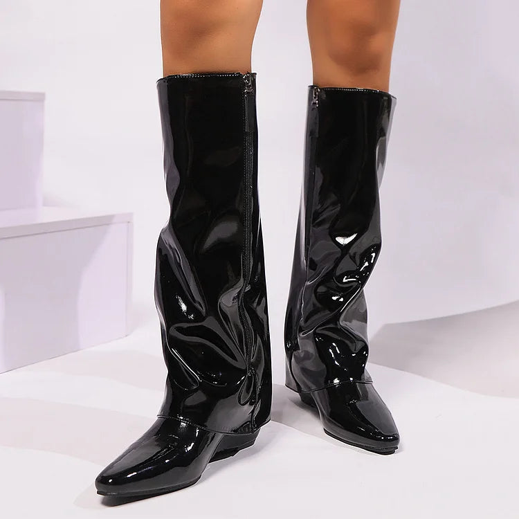 Fold Over Solid Color Pointed Toe Wedge Heel Knee High Boots