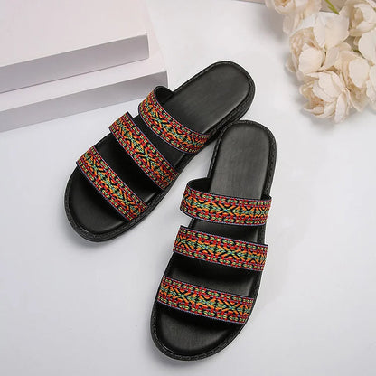 Ethnic Pattern Three Instep Straps Round Toe Slippers