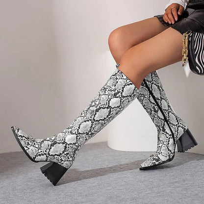 Snake Print Rhinestone Decor Pointed Toe Chunky Heel Knee High Boots