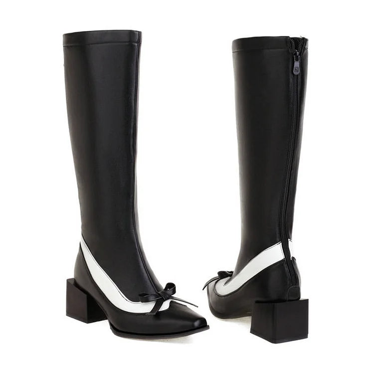 Bow Decor Zipper Colorblock Pointed Toe Chunky Heel Knee High Boots