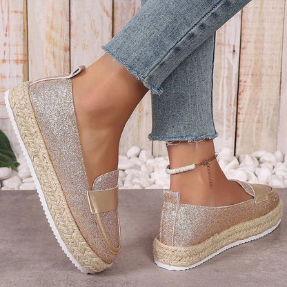 Shimmering Glitter Patchwork Slip On Platform Espadrille Loafers