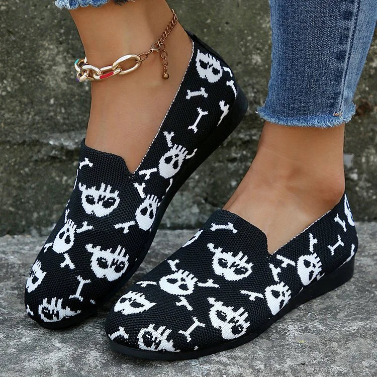 Halloween Skull Pattern Print Round Toe Slip On Loafers