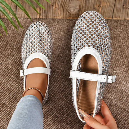 Hollow Out Rhinestone Decor Instep Strap Buckle Round Toe Flats