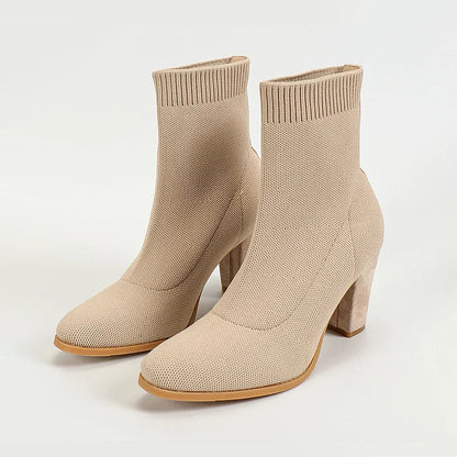 Knitted Solid Color Pointed Toe Chunky Heel Pull On Sock Ankle Boots