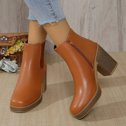 Zipper Patchwork Round Toe Chunky Heel Ankle Boots