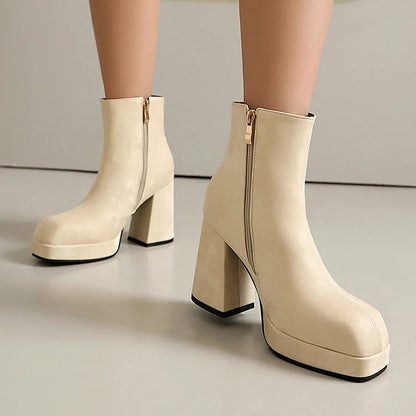 Solid Color Zipper Square Toe Chunky Heel Ankle Boots