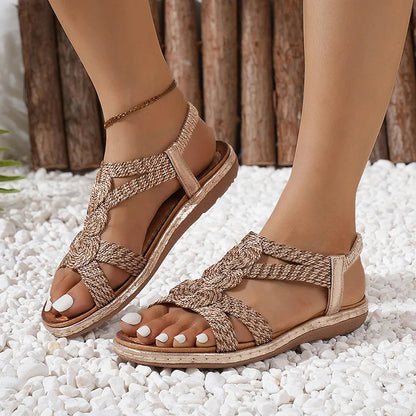 Boho Casual Woven Sewing Thread Strappy Round Toe Sandals